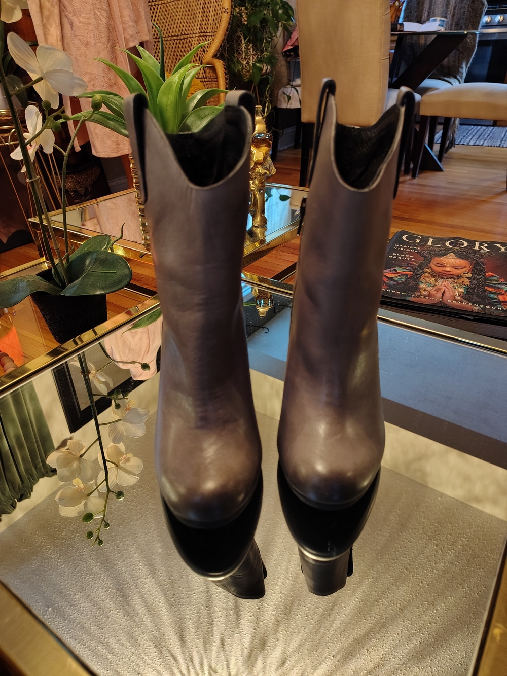 Kork-Ease Gray Leather Heeled Ankle Boots
